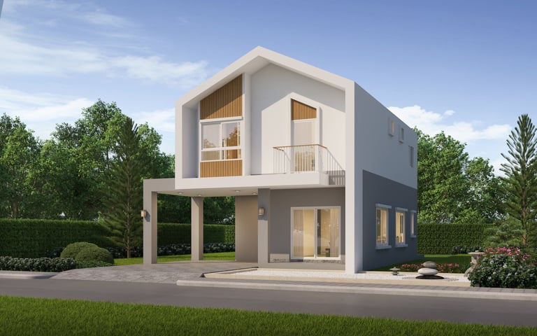 Modern beautiful home with garden representing your real estate journey